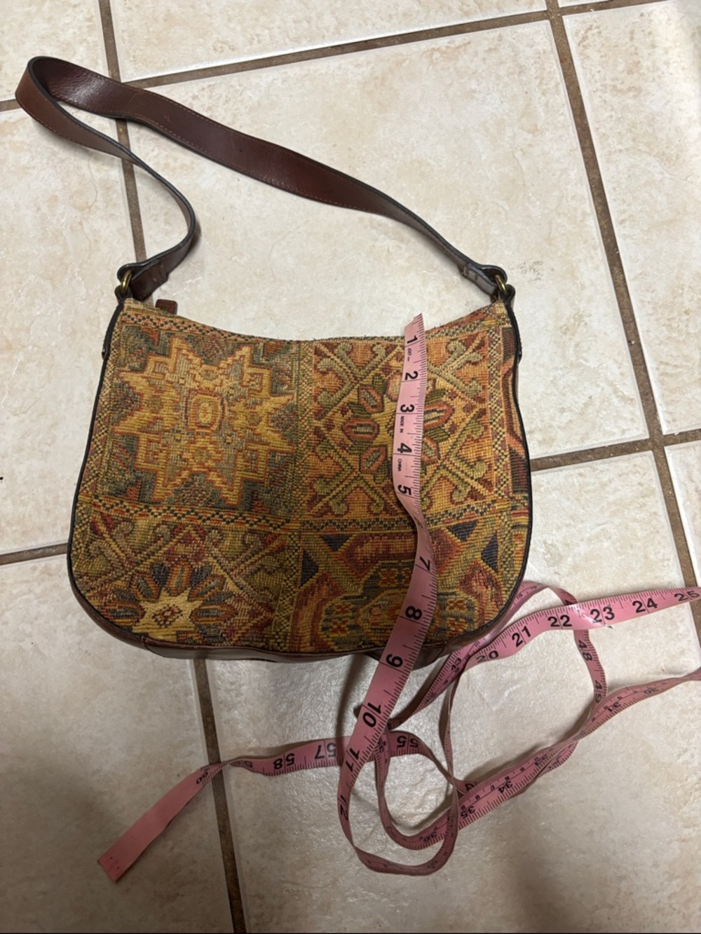 VTG y2k Fossil tapestry hobo shoulder bag brown leather strap boho - Picture 9 of 10